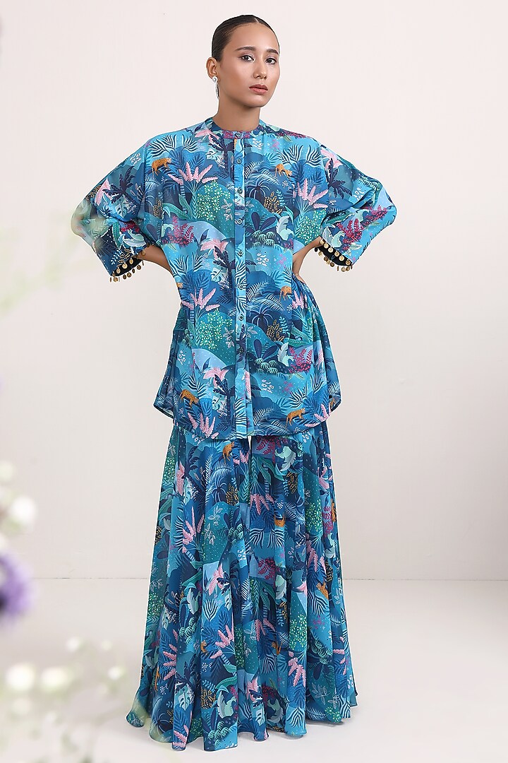 Blue Georgette Printed Party Wear Sharara Set by Miku Kumar at Pernia's Pop Up Shop