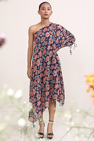 Purple Georgette Floral Printed One-Shoulder Kaftan Dress by Miku Kumar