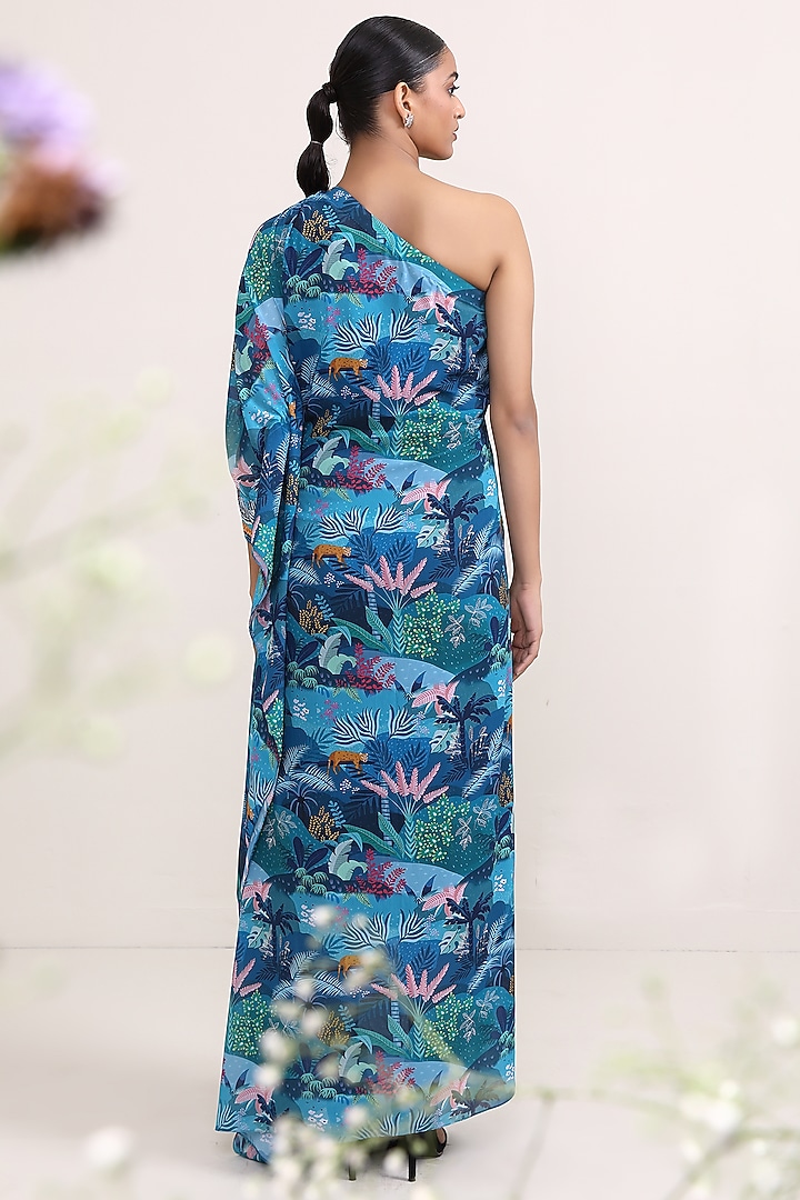 Blue Georgette Printed One-Shoulder Kaftan Summer Dress by Miku Kumar at Pernia's Pop Up Shop
