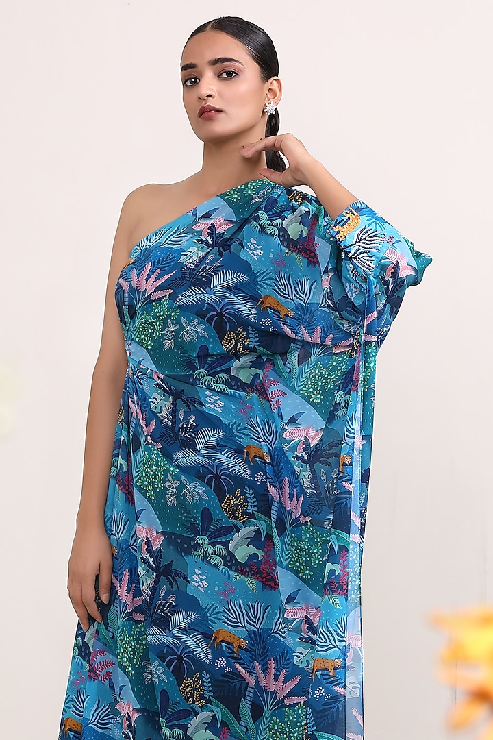 Blue Georgette Printed One-Shoulder Kaftan Summer Dress by Miku Kumar at Pernia's Pop Up Shop