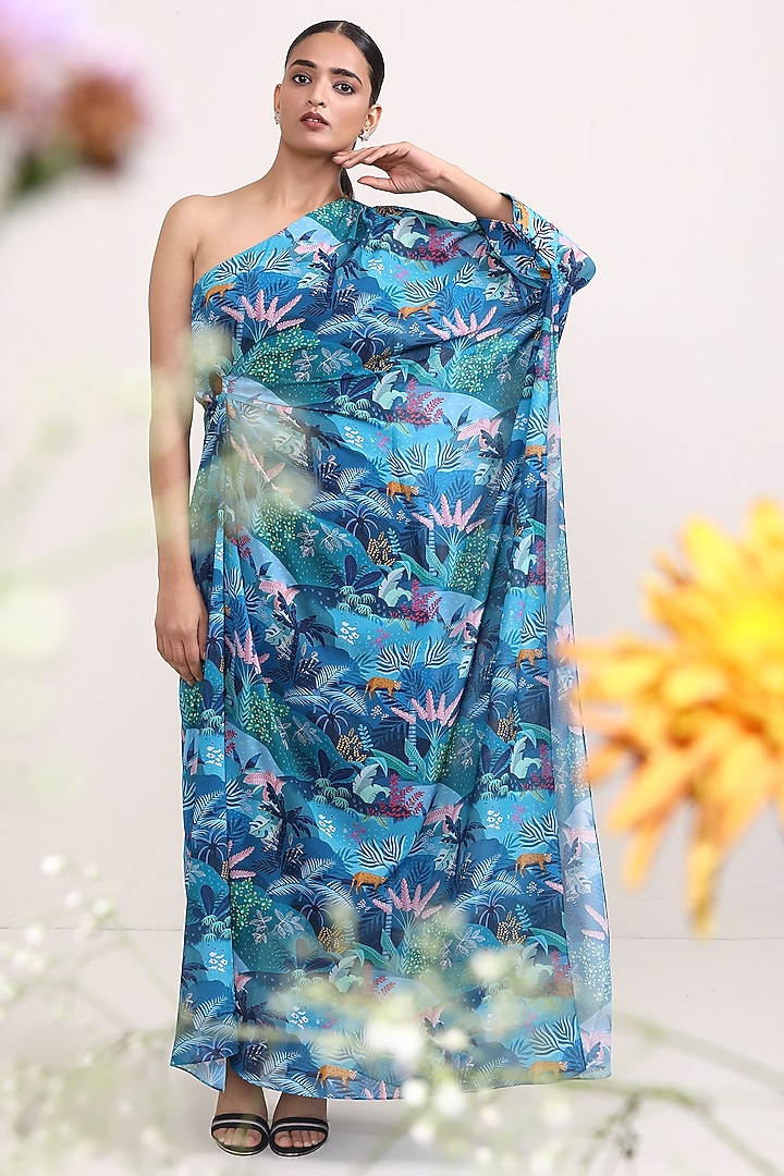 Blue Georgette Printed One-Shoulder Kaftan Summer Dress by Miku Kumar at Pernia's Pop Up Shop