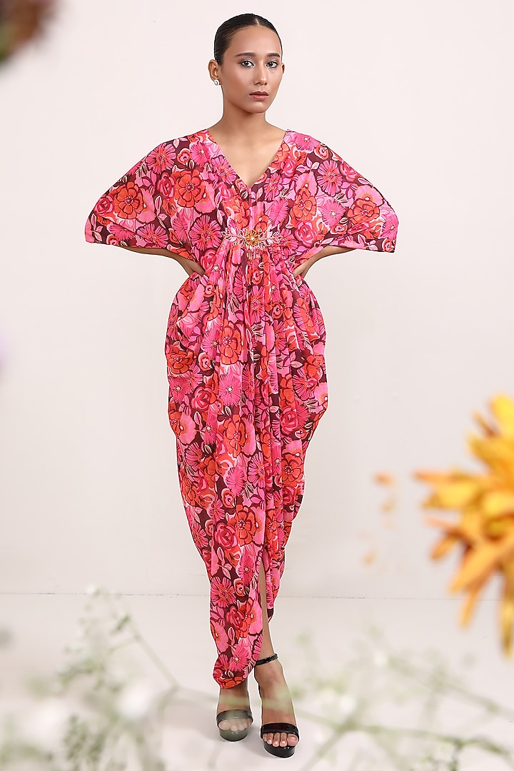 Pink Georgette Floral Printed Kaftan Dress by Miku Kumar