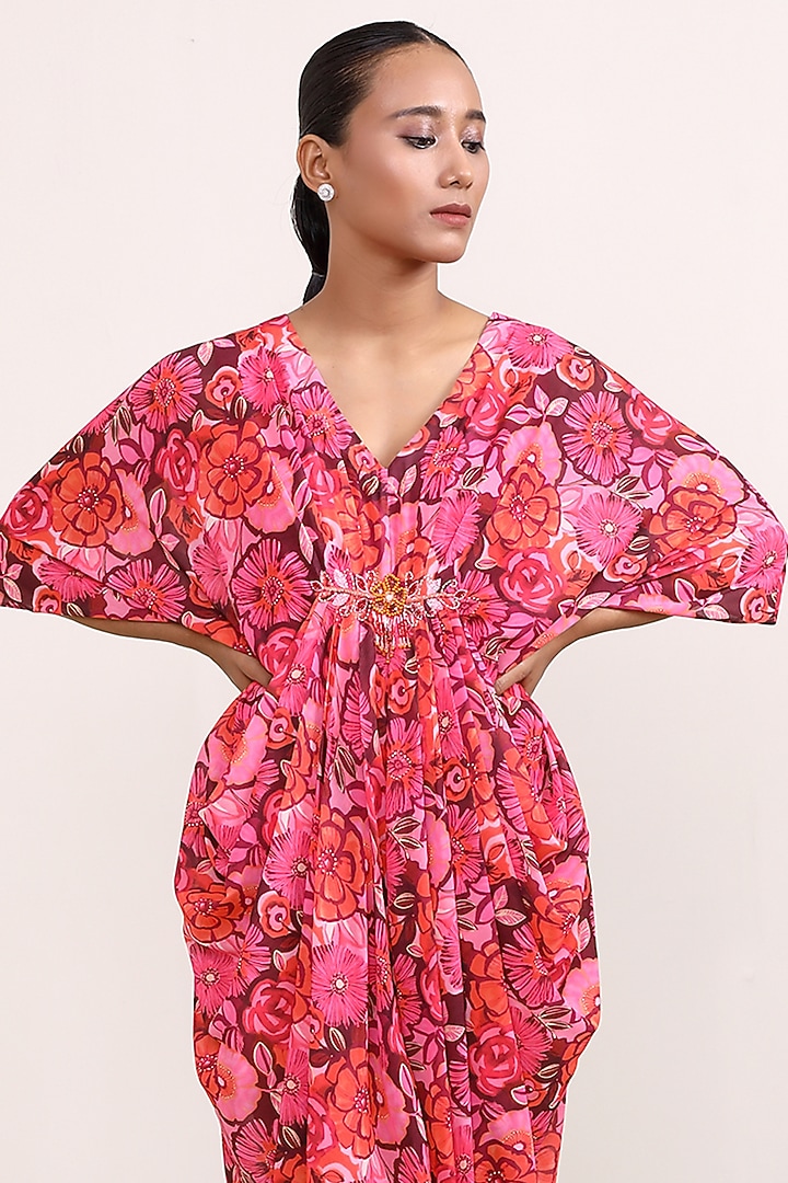 Pink Georgette Floral Printed Kaftan Summer Dress by Miku Kumar at Pernia's Pop Up Shop