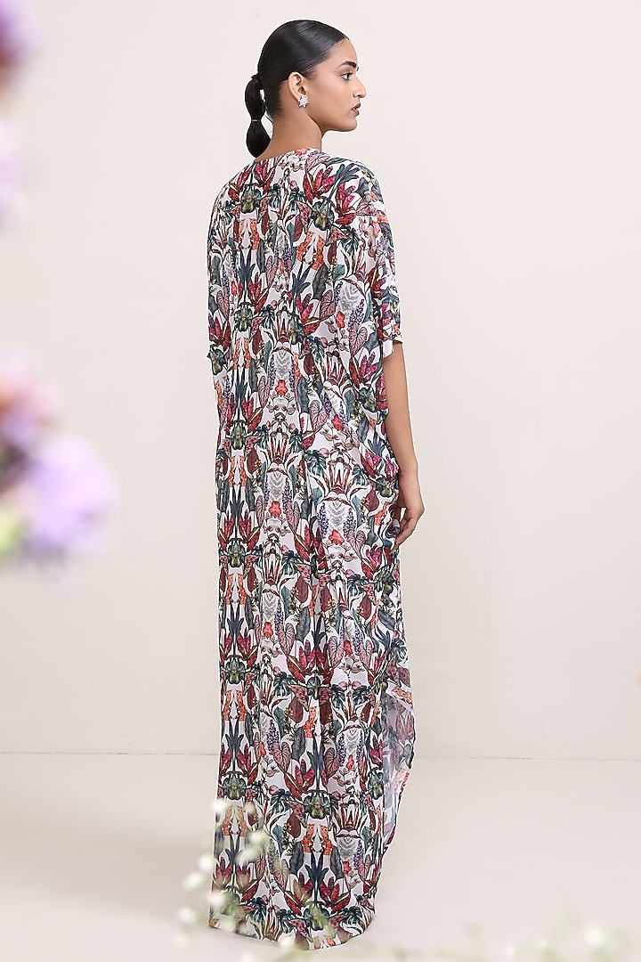 Multi-Colored Georgette Leaf Printed Kaftan Summer Dress by Miku Kumar at Pernia's Pop Up Shop