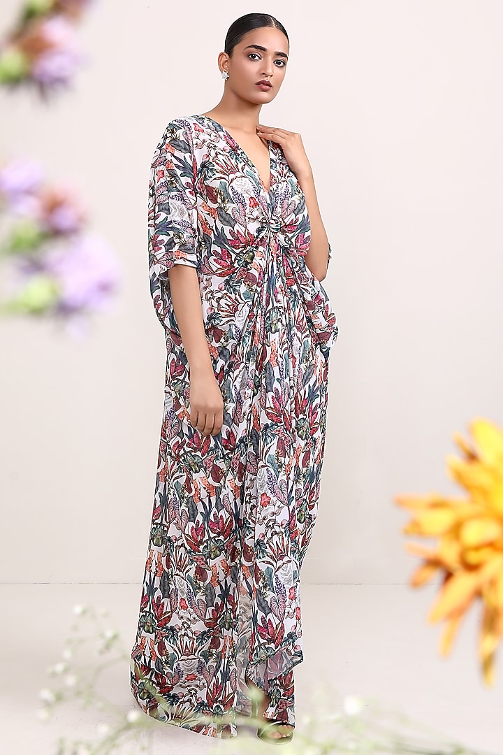 Multi-Colored Georgette Leaf Printed Kaftan Summer Dress by Miku Kumar at Pernia's Pop Up Shop