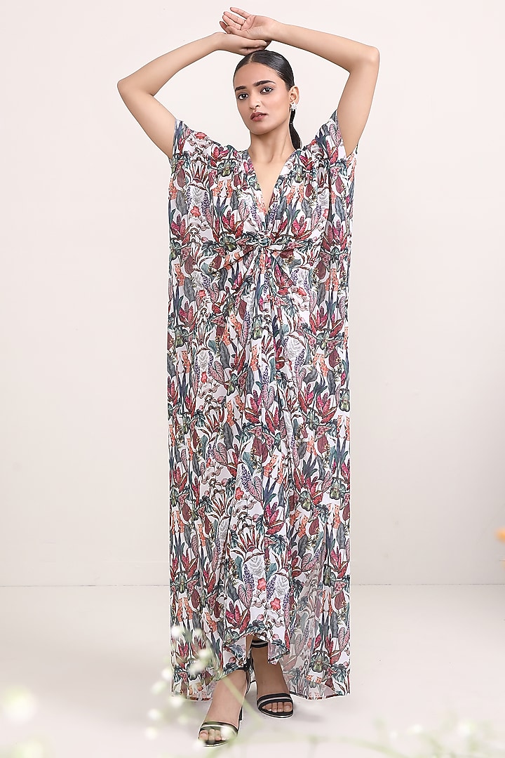 Multi-Colored Georgette Leaf Printed Kaftan Summer Dress by Miku Kumar at Pernia's Pop Up Shop