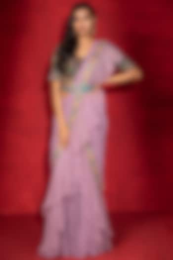 Lilac Georgette Ruffled Draped Saree Set by Miku Kumar