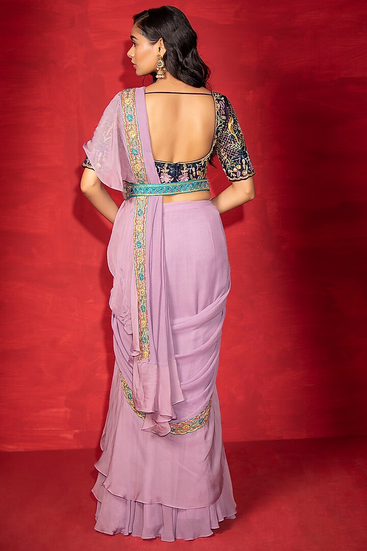 Lilac Georgette Ruffled Draped Wedding Saree Set by Miku Kumar at Pernia's Pop Up Shop