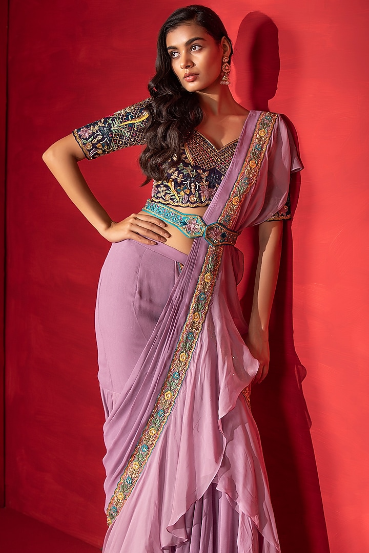 Lilac Georgette Ruffled Draped Wedding Saree Set by Miku Kumar at Pernia's Pop Up Shop