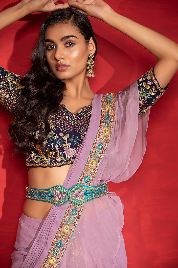 Lilac Georgette Ruffled Draped Wedding Saree Set by Miku Kumar at Pernia's Pop Up Shop