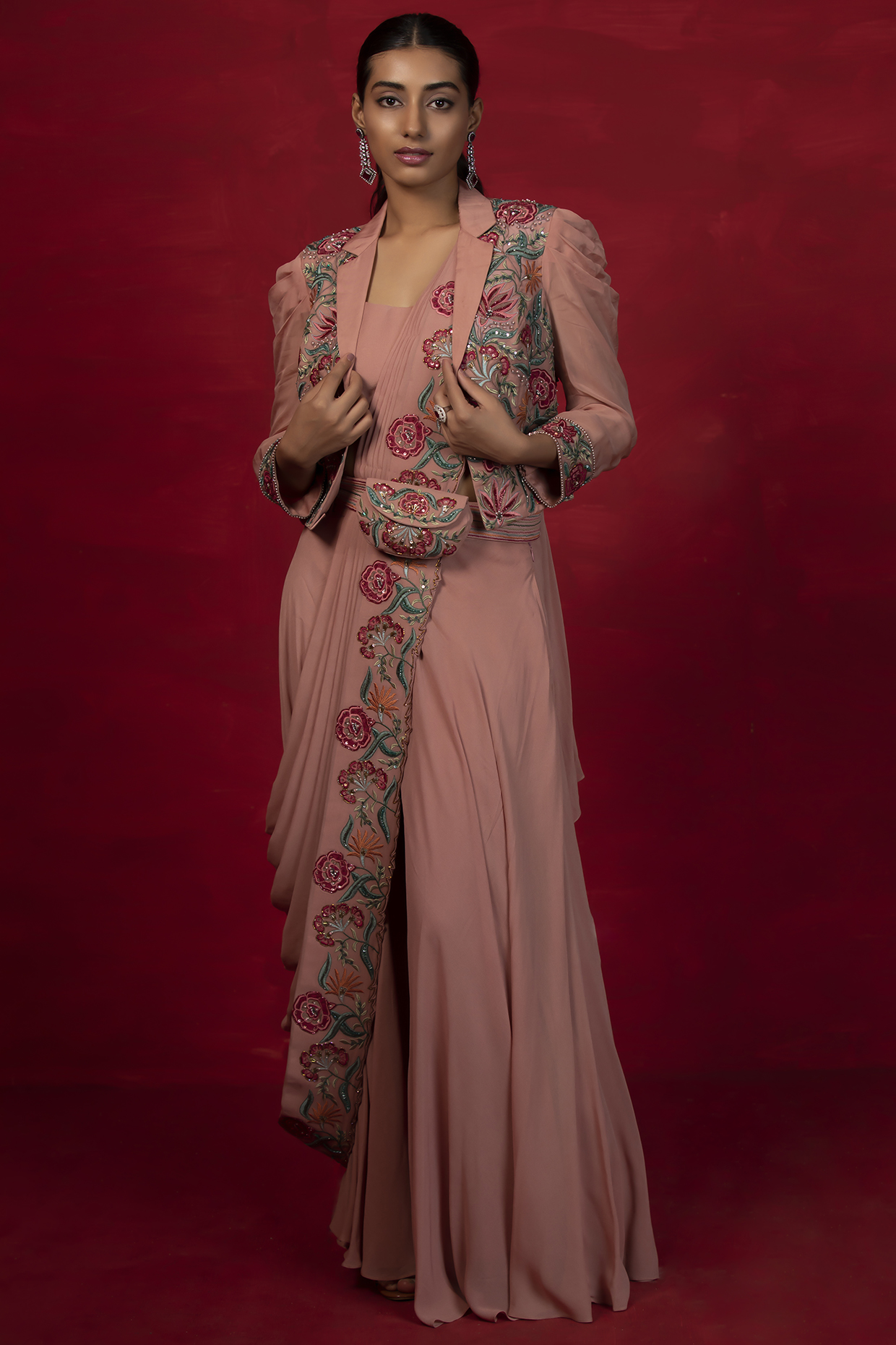 Peach Embroidered Jacket Set by Miku Kumar at Pernia's Pop Up Shop