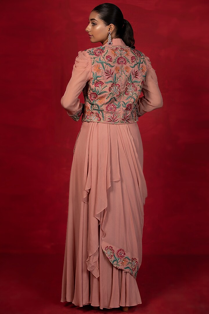 Peach Embroidered Jacket Set by Miku Kumar at Pernia's Pop Up Shop