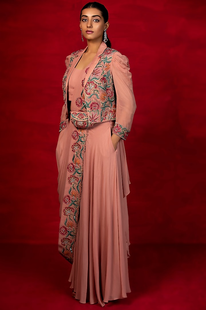 Peach Embroidered Jacket Set by Miku Kumar at Pernia's Pop Up Shop