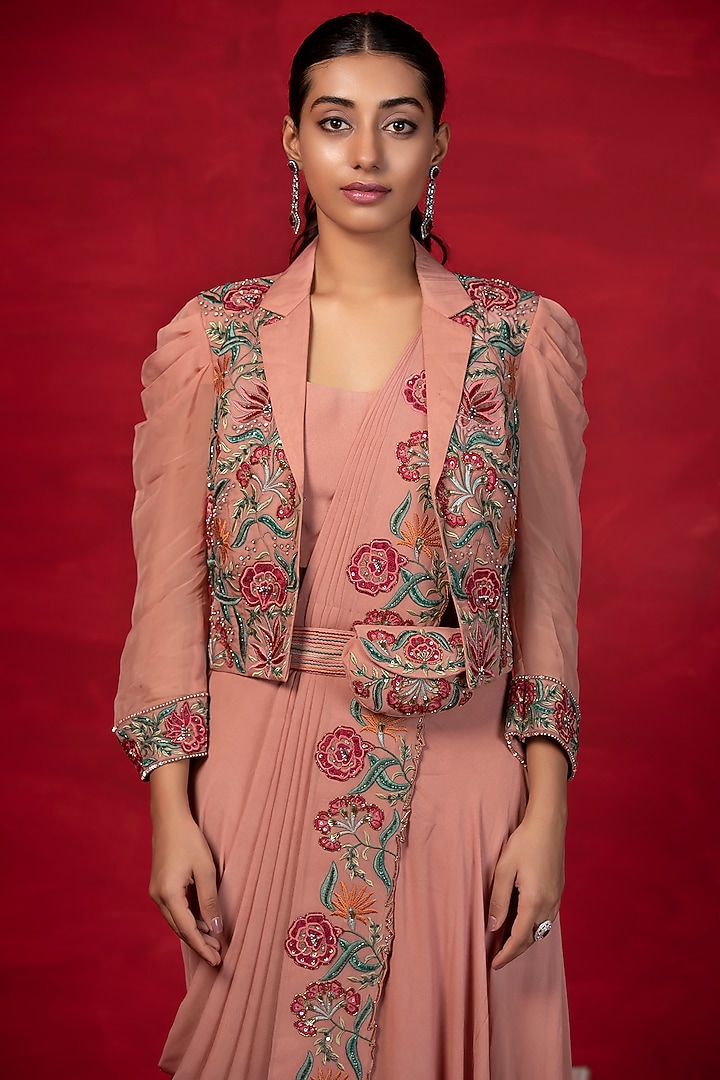 Peach Embroidered Jacket Set by Miku Kumar at Pernia's Pop Up Shop