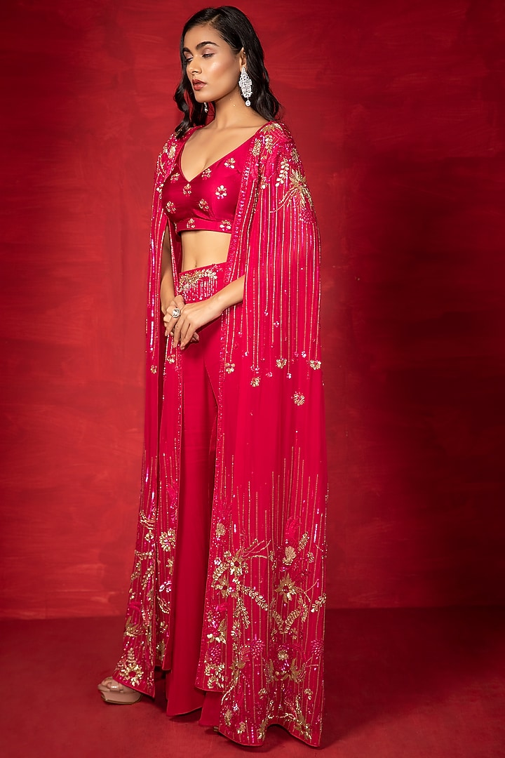 Hot Pink Embroidered Cape Set by Miku Kumar at Pernia's Pop Up Shop