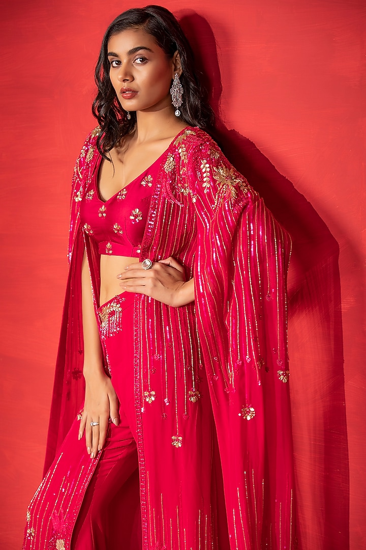 Hot Pink Embroidered Cape Set by Miku Kumar at Pernia's Pop Up Shop