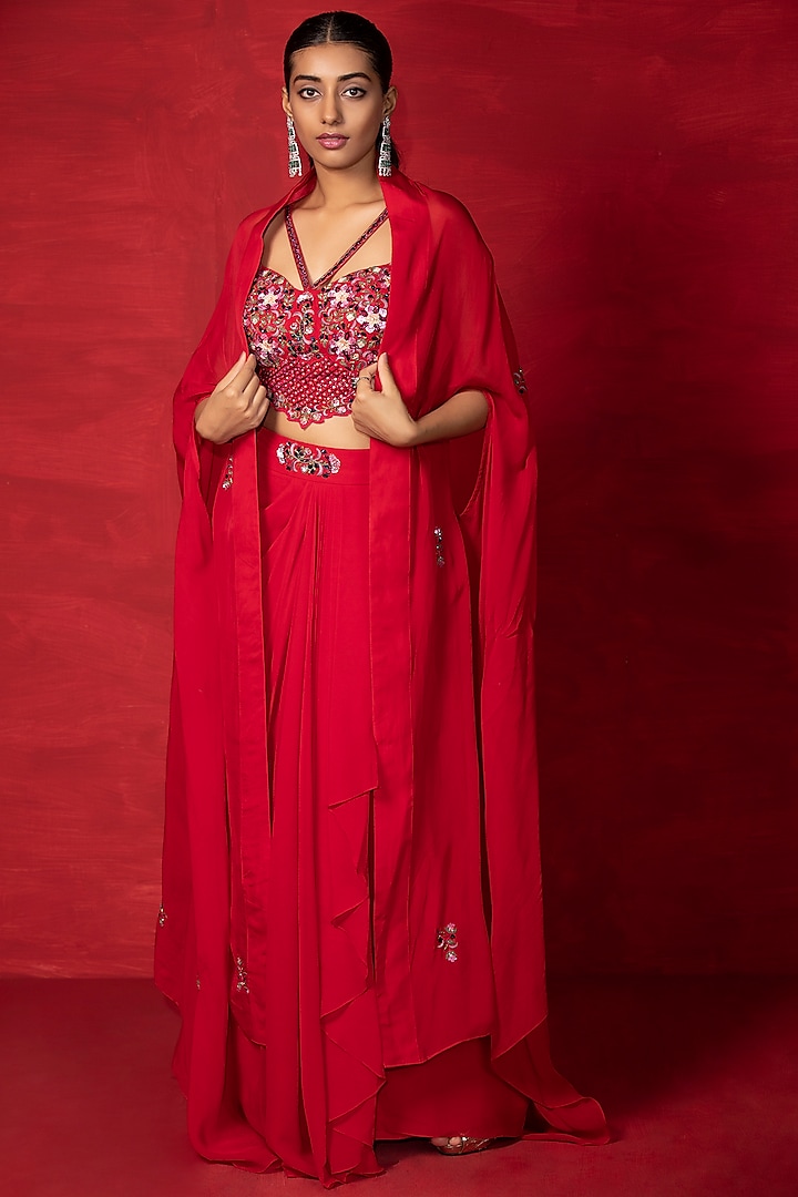 Red Satin Organza Draped Skirt Set by Miku Kumar