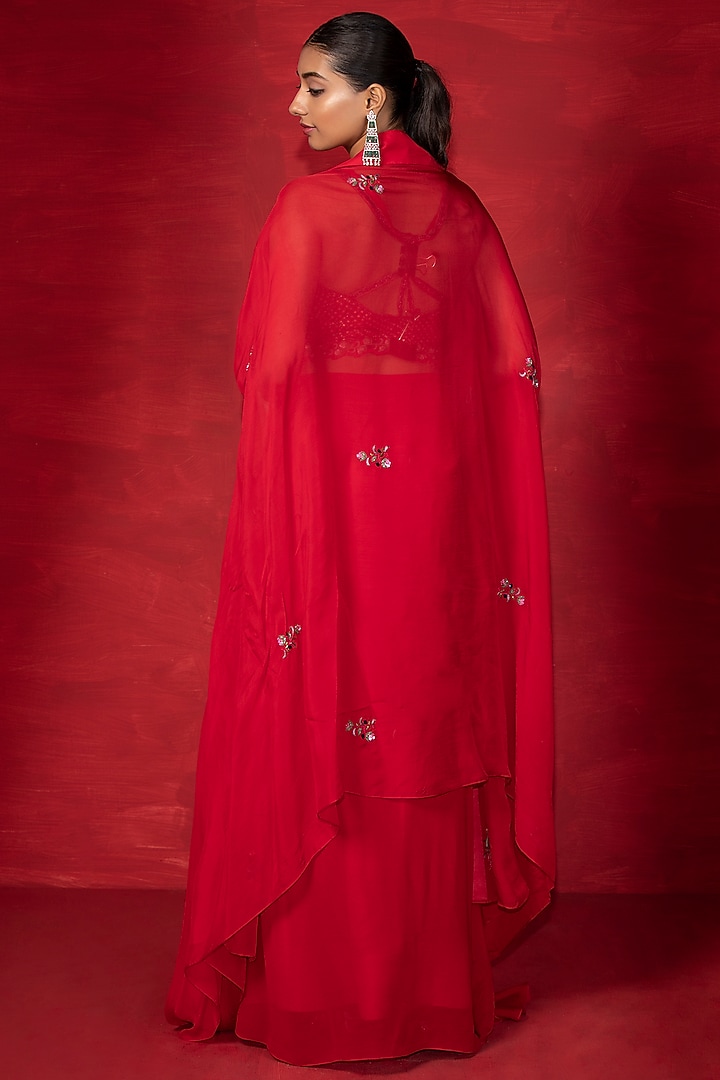 Red Satin Organza Draped Skirt Set by Miku Kumar at Pernia's Pop Up Shop