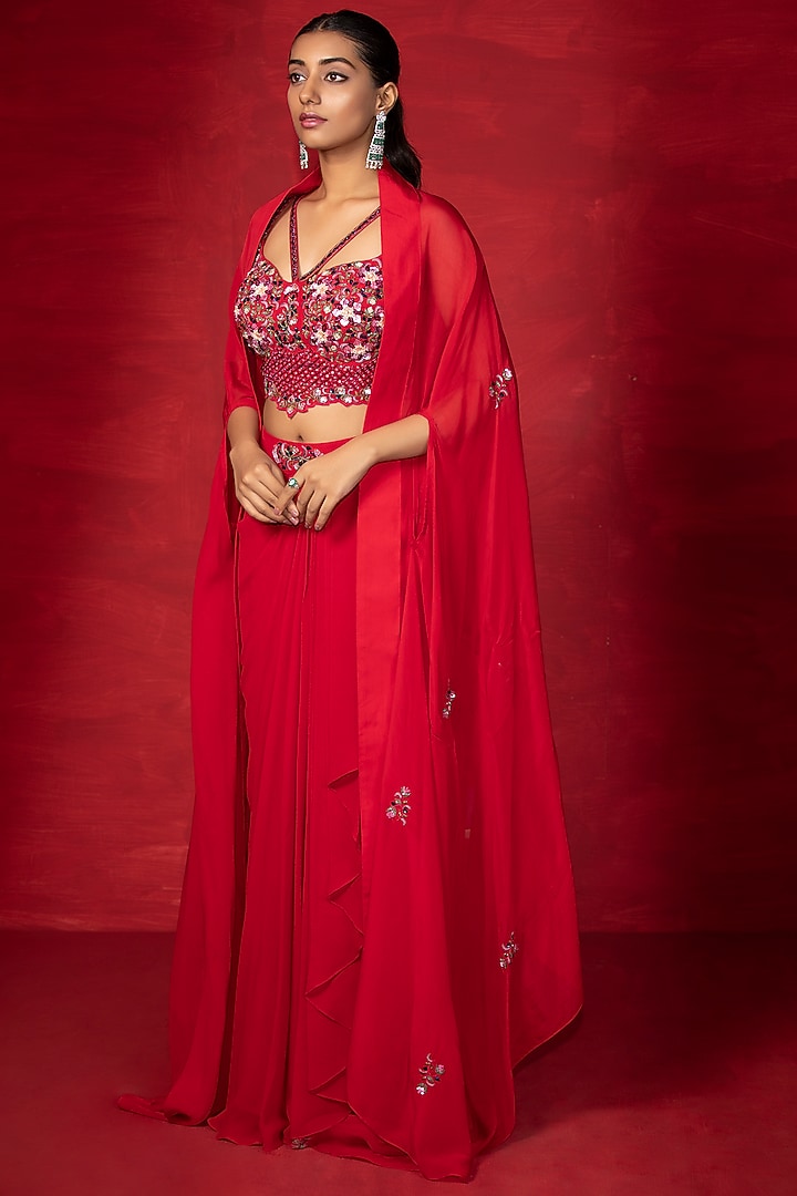 Red Satin Organza Draped Skirt Set by Miku Kumar at Pernia's Pop Up Shop
