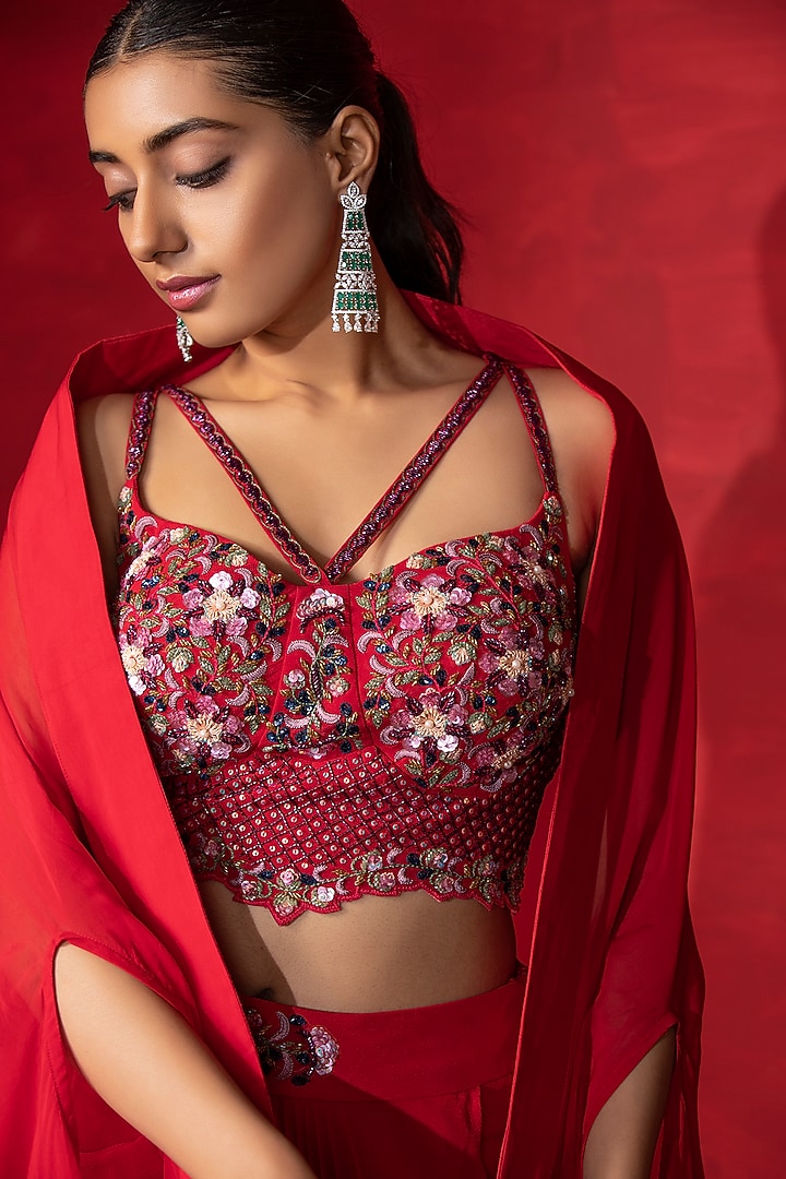 Red Satin Organza Draped Skirt Set by Miku Kumar at Pernia's Pop Up Shop