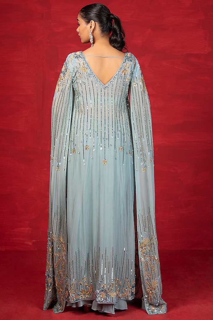 Powder Blue Embroidered Cape Set by Miku Kumar at Pernia's Pop Up Shop