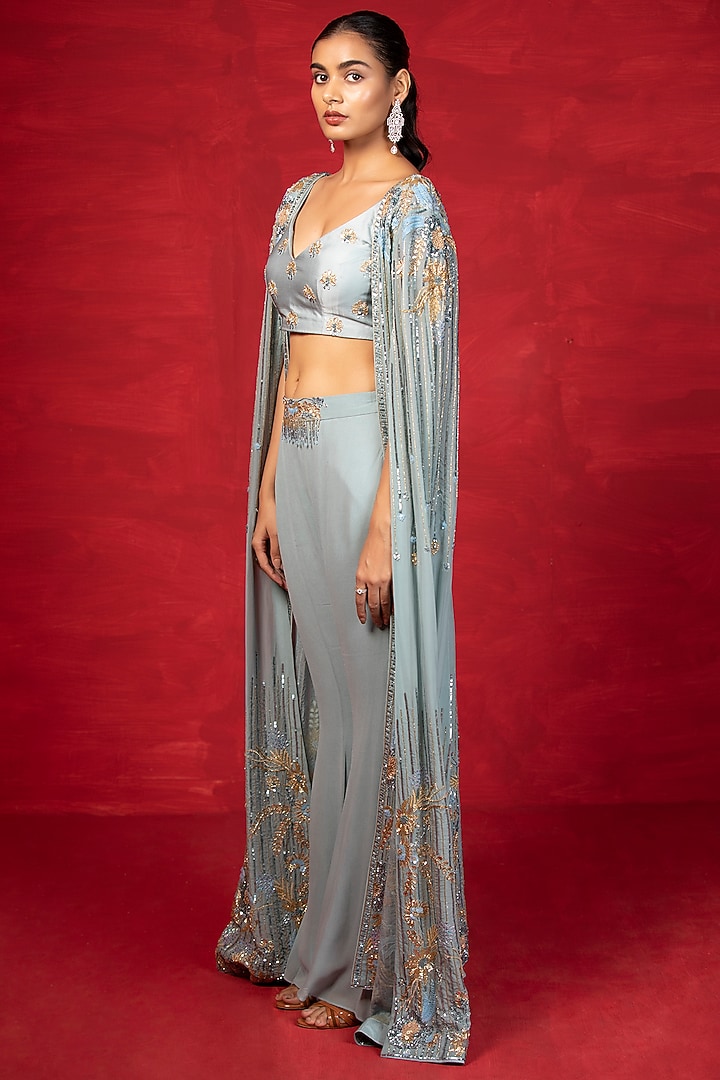 Powder Blue Embroidered Cape Set by Miku Kumar at Pernia's Pop Up Shop