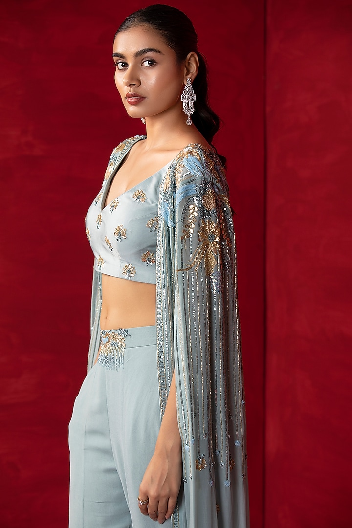 Powder Blue Embroidered Cape Set by Miku Kumar at Pernia's Pop Up Shop