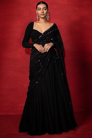 Black Satin Organza Skirt Set by Miku Kumar