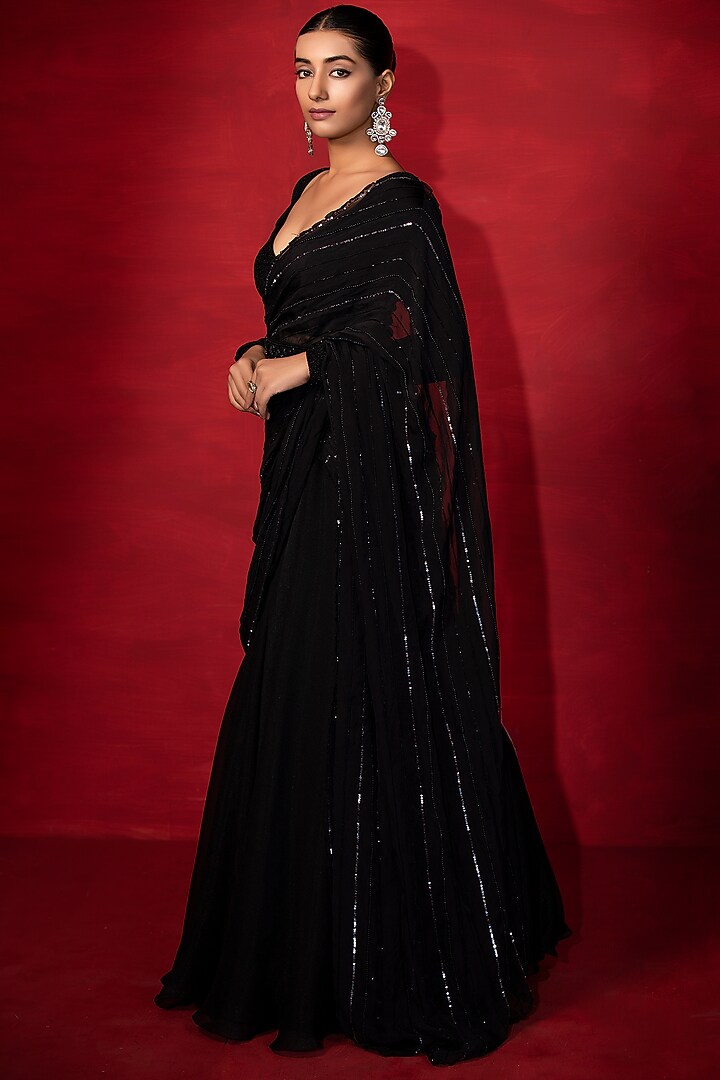 Black Satin Organza Skirt Set by Miku Kumar at Pernia's Pop Up Shop