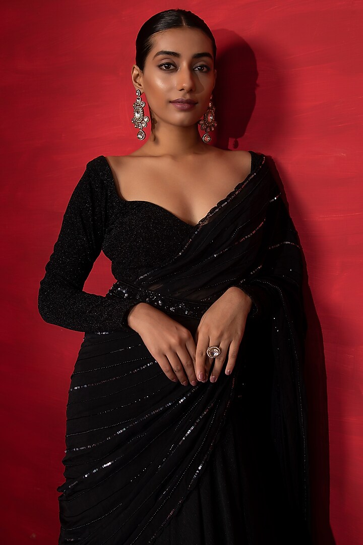 Black Satin Organza Skirt Set by Miku Kumar at Pernia's Pop Up Shop