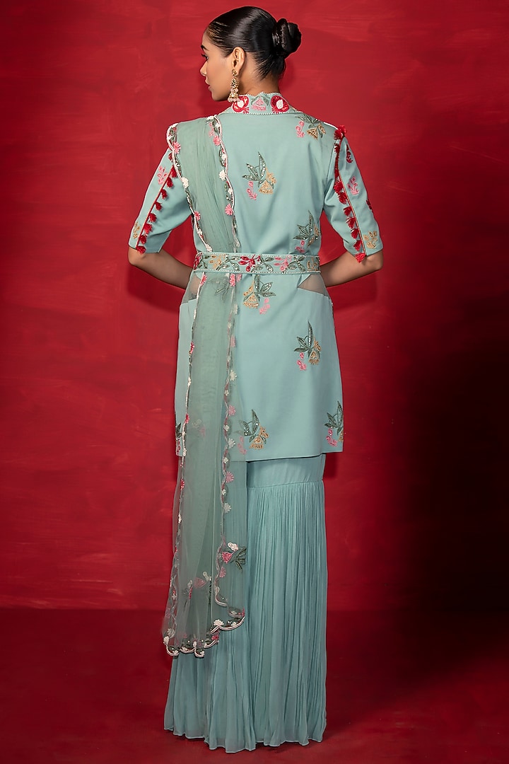 Powder Blue Embroidered Jacket Set by Miku Kumar at Pernia's Pop Up Shop