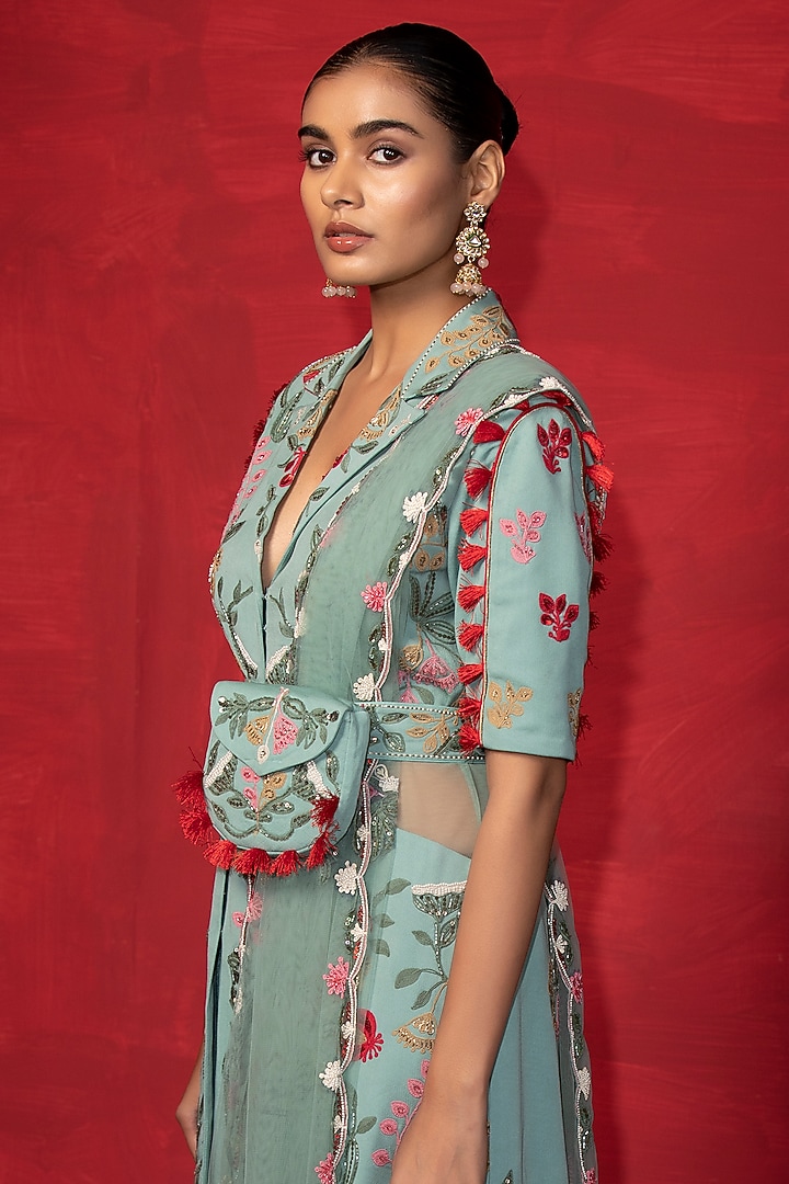 Powder Blue Embroidered Jacket Set by Miku Kumar at Pernia's Pop Up Shop