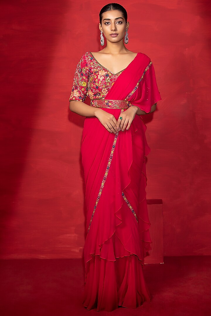 Hot Pink Georgette Draped Saree Set by Miku Kumar