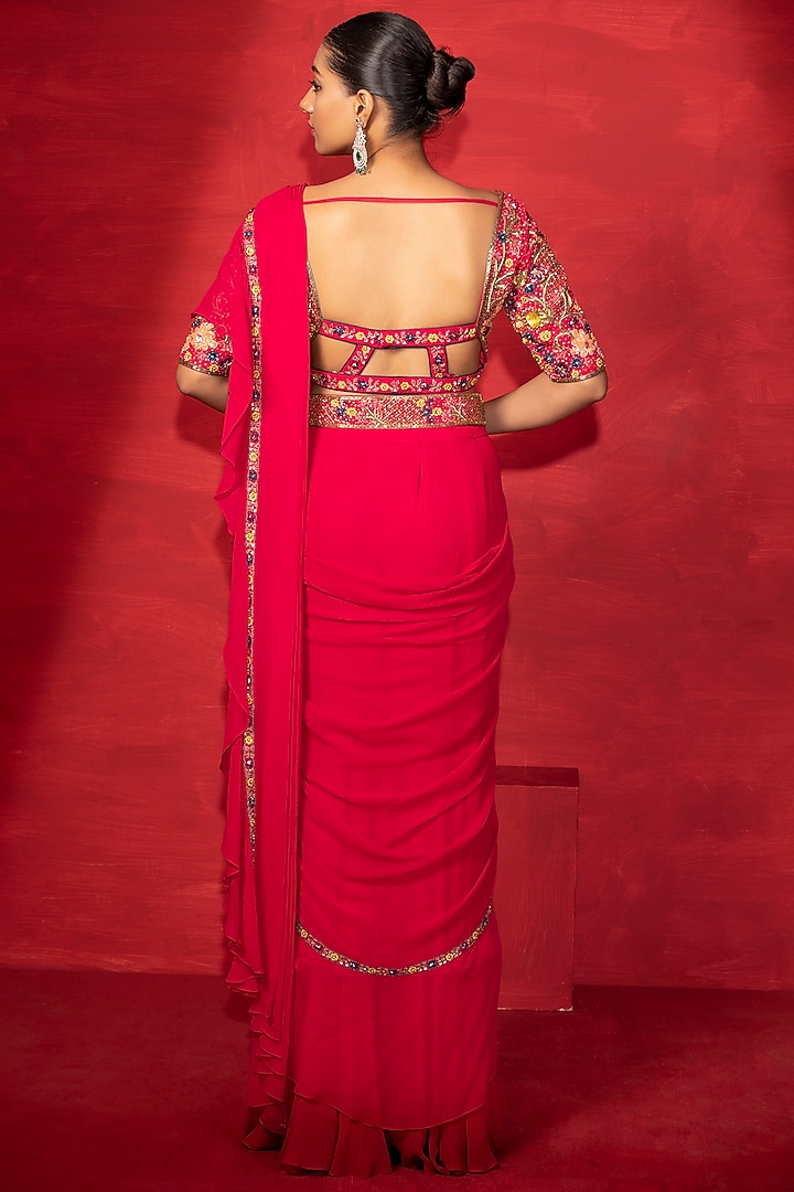 Hot Pink Georgette Draped Wedding Saree Set by Miku Kumar at Pernia's Pop Up Shop
