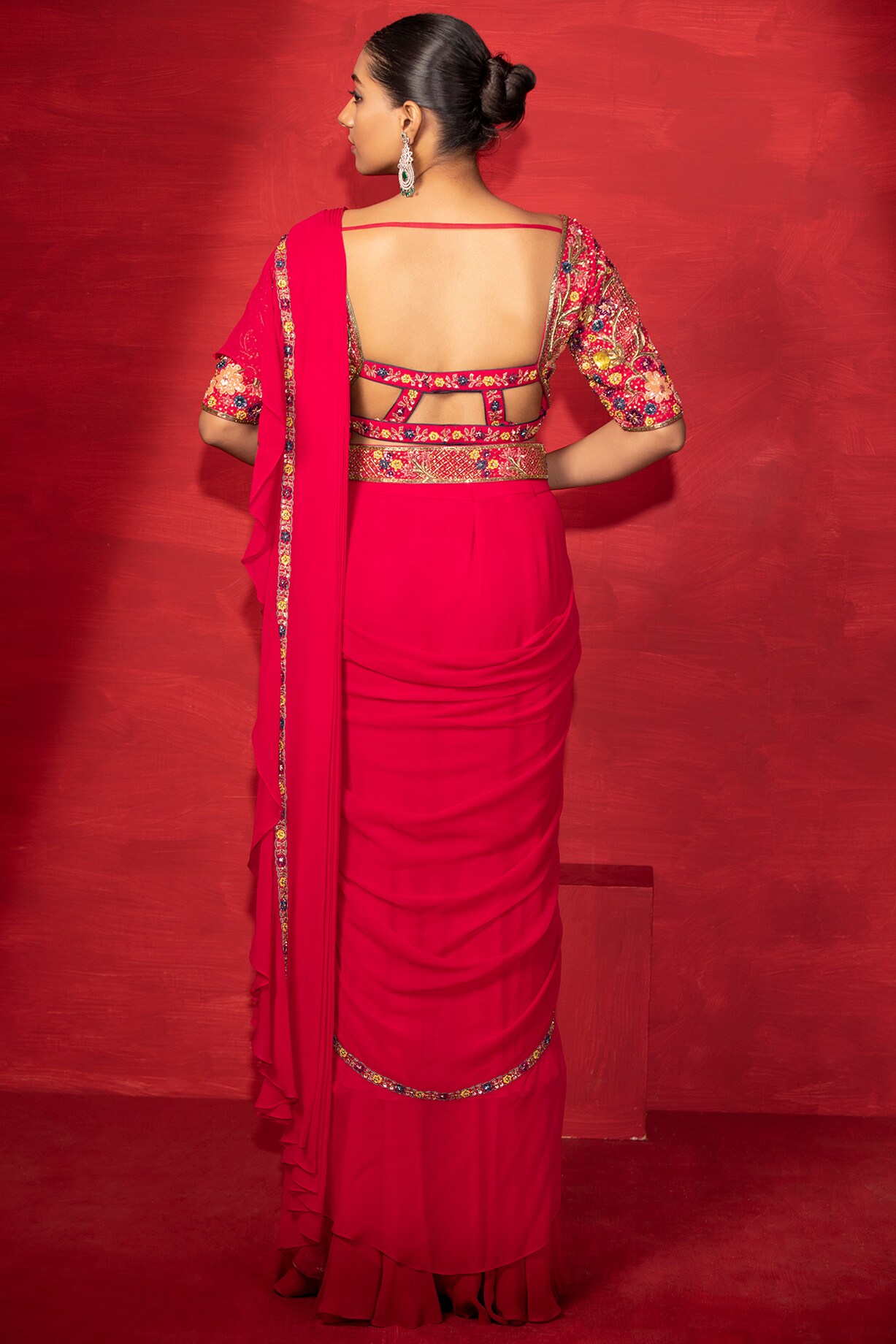 Hot Pink Georgette Draped Saree Set Design by Miku Kumar at