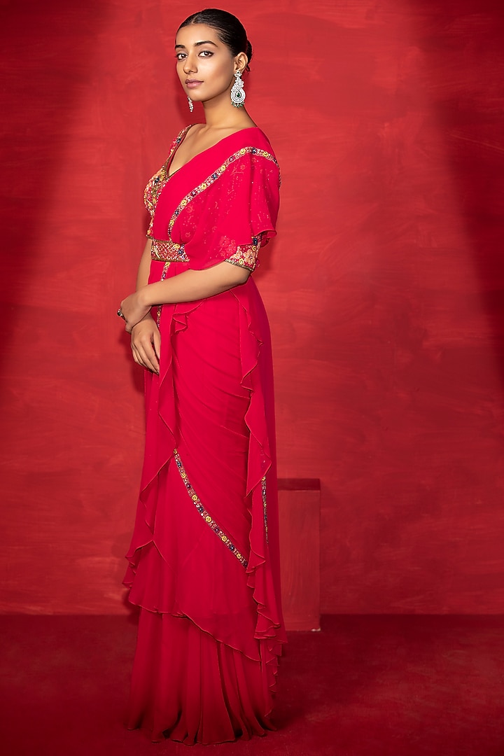 Hot Pink Georgette Draped Wedding Saree Set by Miku Kumar at Pernia's Pop Up Shop