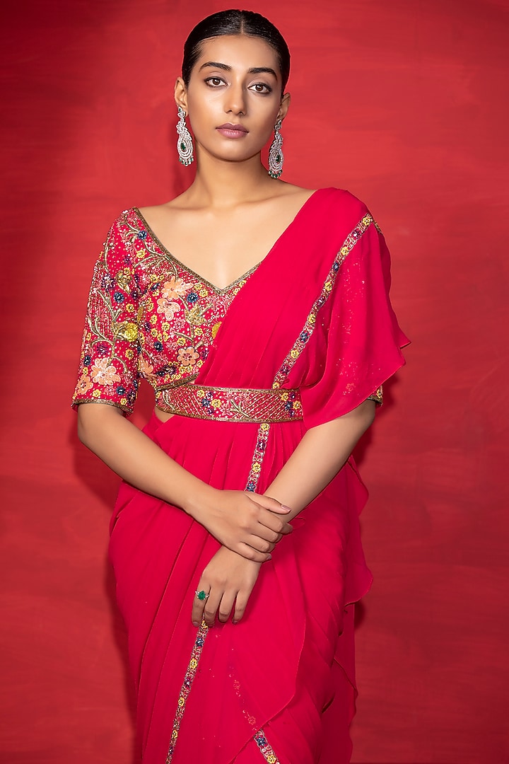 Hot Pink Georgette Draped Wedding Saree Set by Miku Kumar at Pernia's Pop Up Shop
