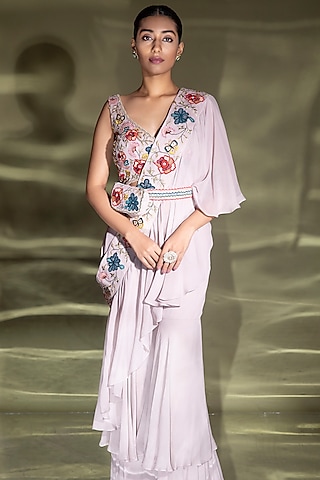 Lilac Georgette & Silk Embroidered Draped Gharara Pant Set
 by Miku Kumar