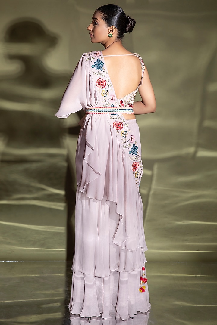 Lilac Georgette & Silk Embroidered Draped Gharara Pant Set
by Miku Kumar at Pernia's Pop Up Shop