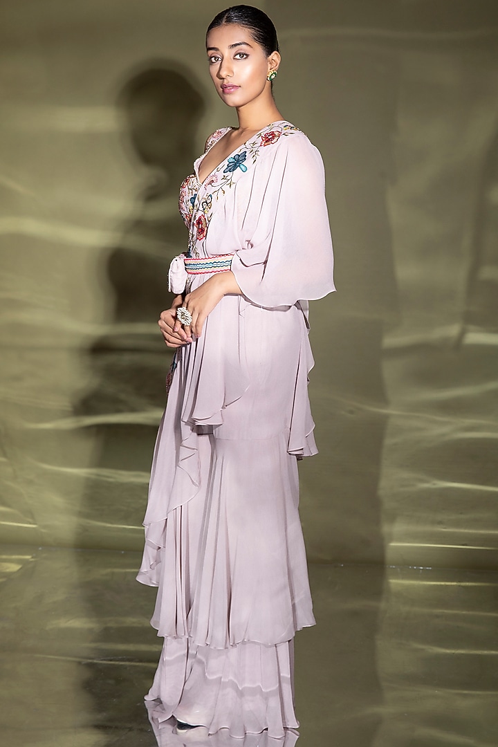 Lilac Georgette & Silk Embroidered Draped Gharara Pant Set
by Miku Kumar at Pernia's Pop Up Shop