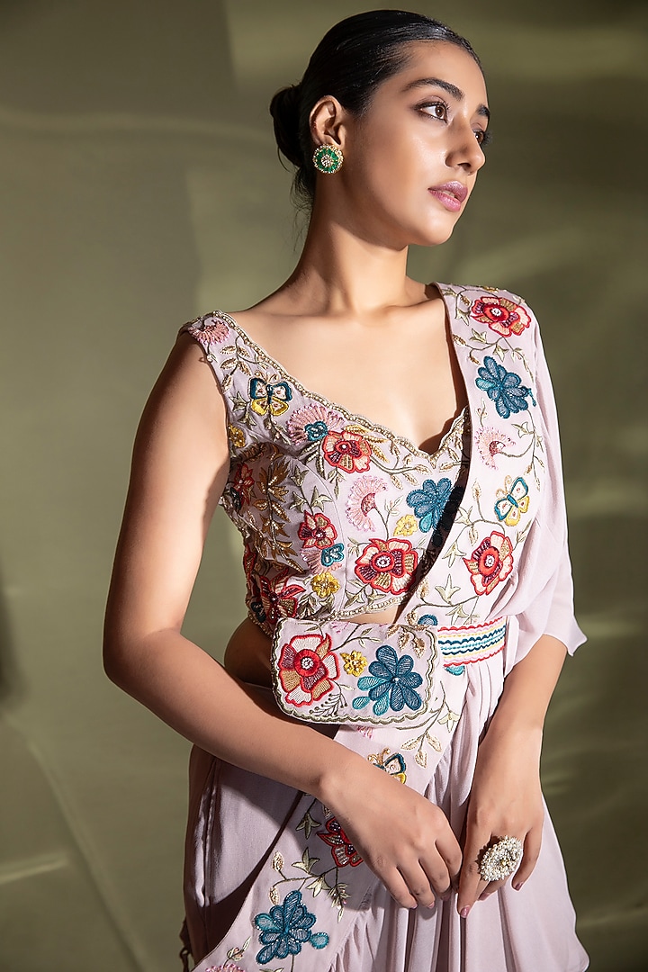 Lilac Georgette & Silk Embroidered Draped Gharara Pant Set
by Miku Kumar at Pernia's Pop Up Shop