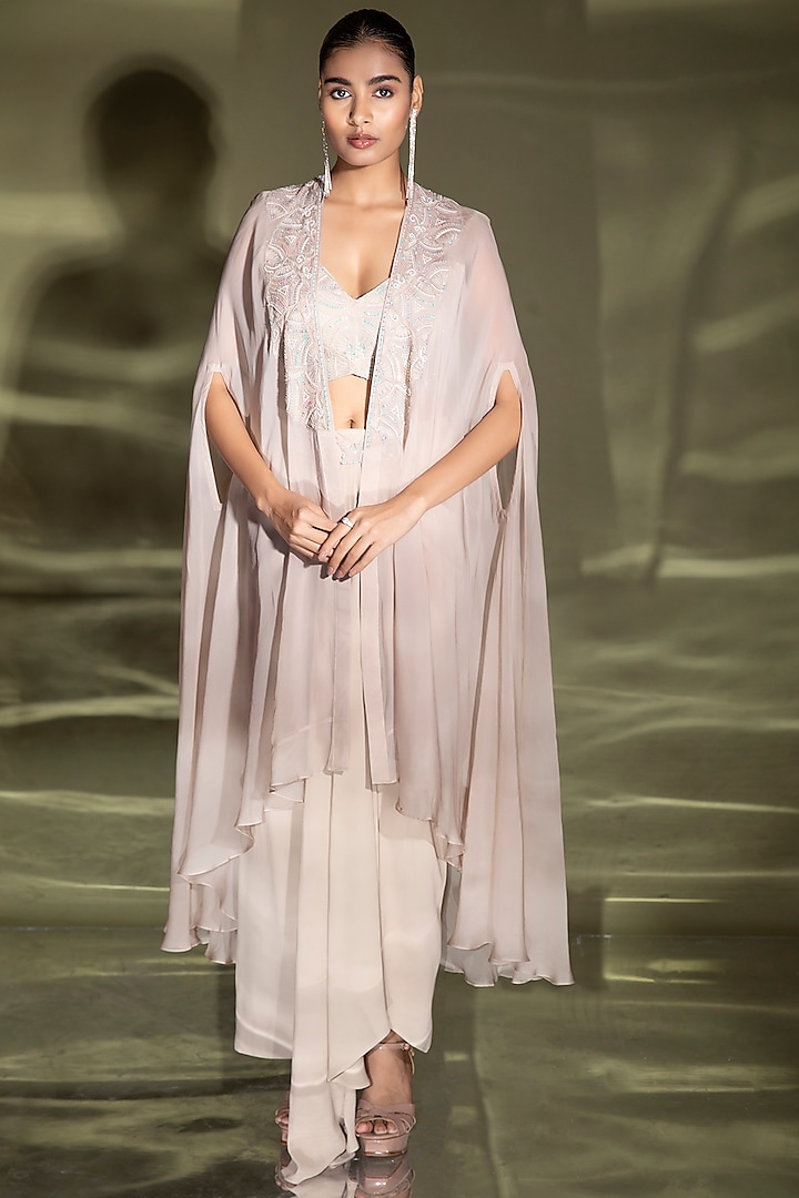 Ivory Embroidered Cape Set by Miku Kumar