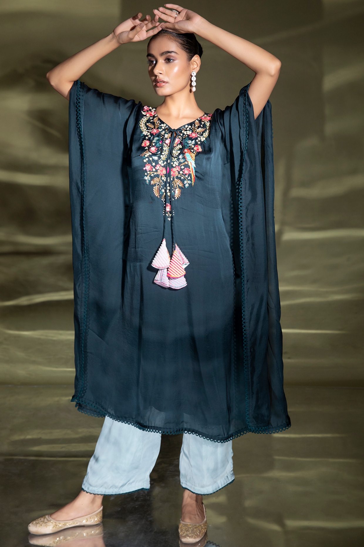 Peacock Blue Embroidered Kaftan Set by Miku Kumar at Pernia s Pop Up Shop 2024