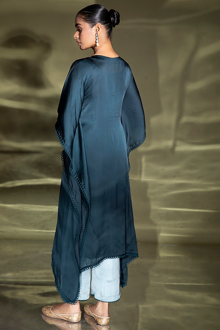 Peacock Blue Embroidered Kaftan Set by Miku Kumar at Pernia's Pop Up Shop