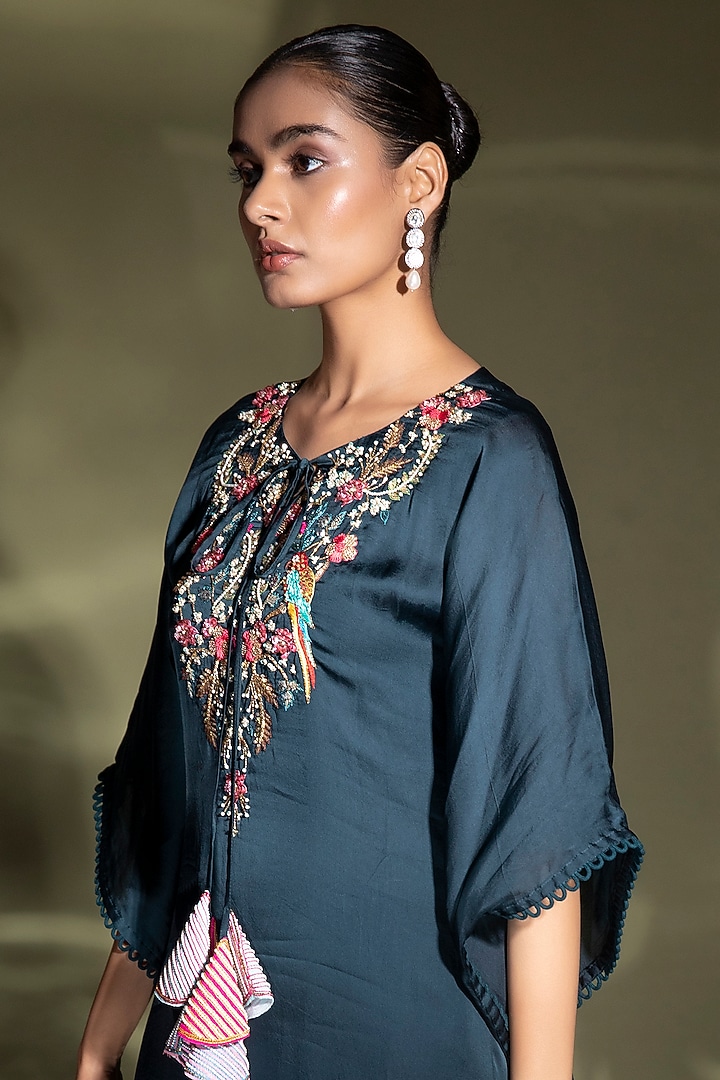 Peacock Blue Embroidered Kaftan Set by Miku Kumar at Pernia's Pop Up Shop