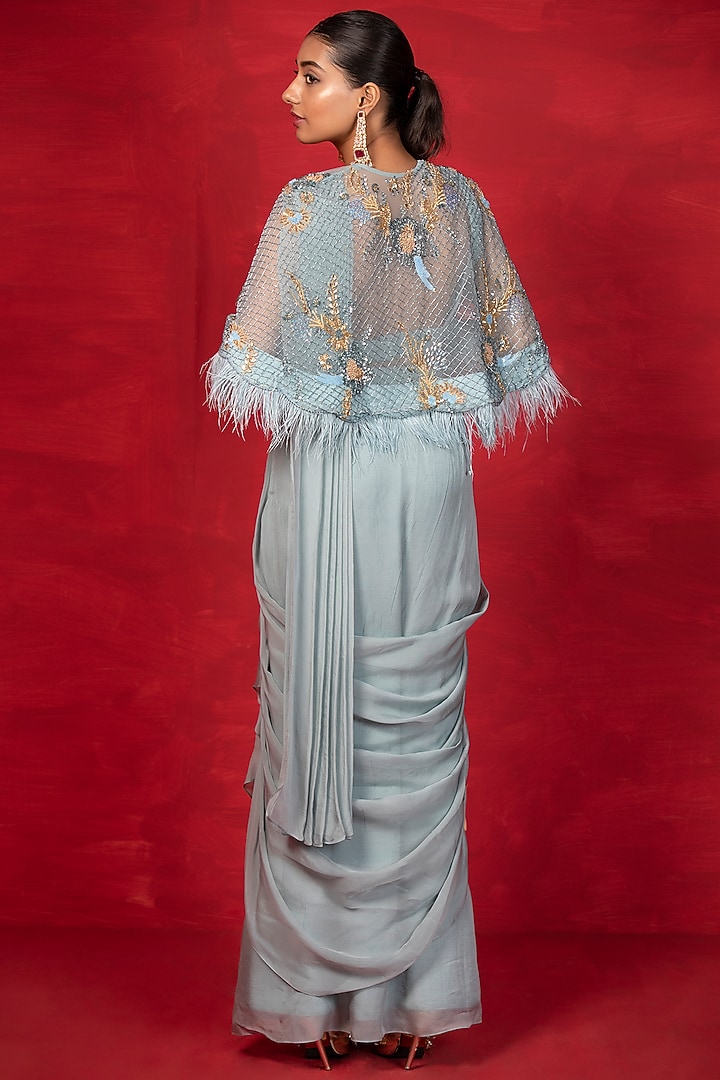 Powder Blue Embroidered Draped Wedding Saree Set by Miku Kumar at Pernia's Pop Up Shop