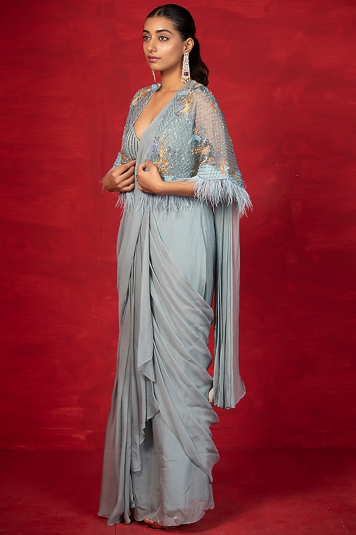 Powder Blue Embroidered Draped Wedding Saree Set by Miku Kumar at Pernia's Pop Up Shop