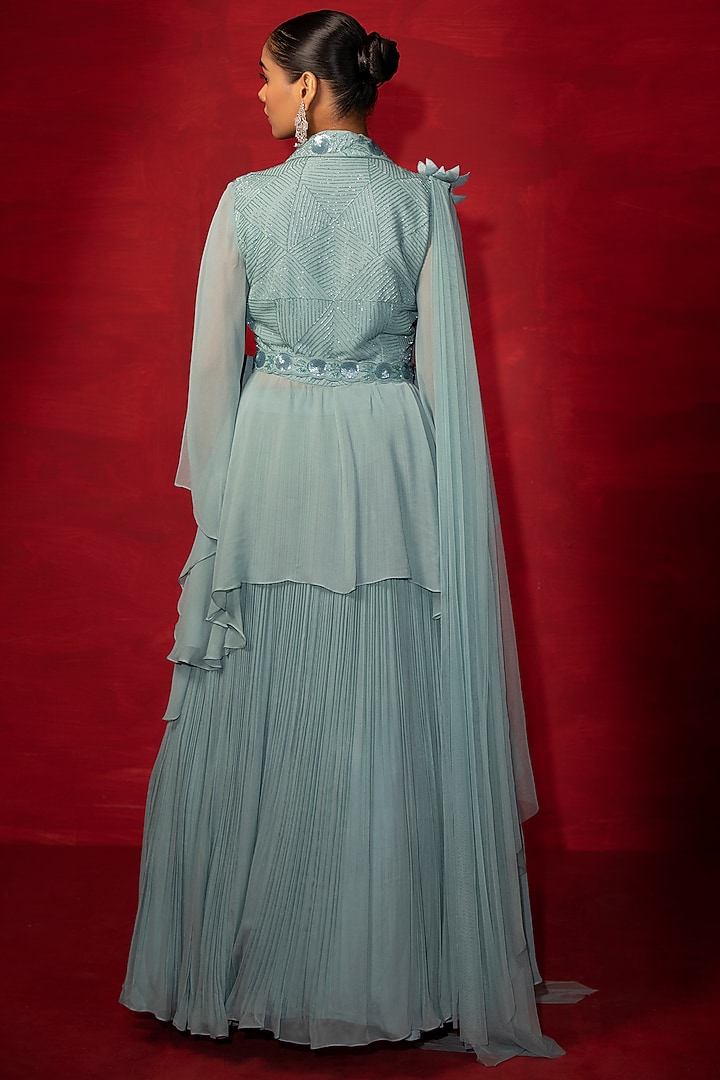 Powder Blue Embroidered Jacket Set by Miku Kumar at Pernia's Pop Up Shop