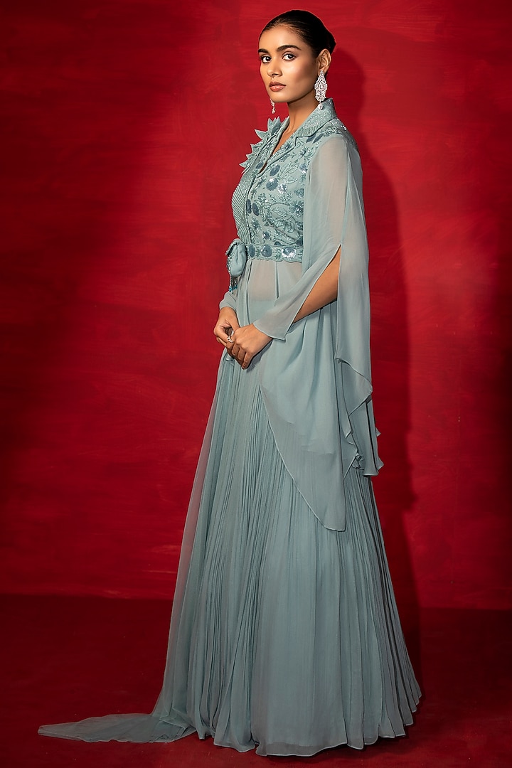 Powder Blue Embroidered Jacket Set by Miku Kumar at Pernia's Pop Up Shop