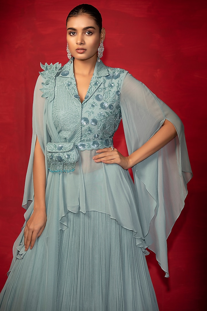 Powder Blue Embroidered Jacket Set by Miku Kumar at Pernia's Pop Up Shop